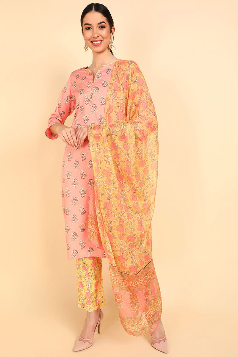 Peach Polyester Ethnic Motifs Straight Suit Set | SHOBITAM