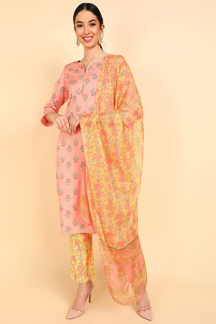 Peach Polyester Ethnic Motifs Straight Suit Set | SHOBITAM