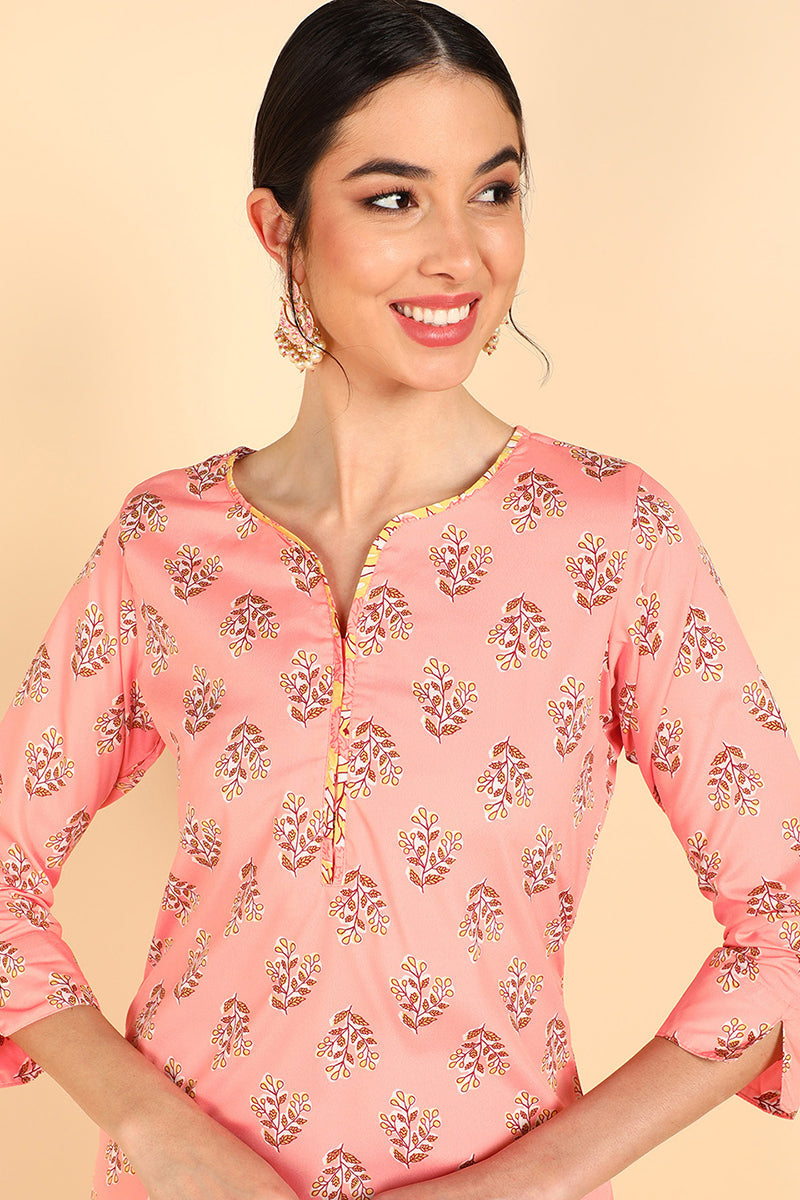 Peach Polyester Ethnic Motifs Straight Suit Set | SHOBITAM