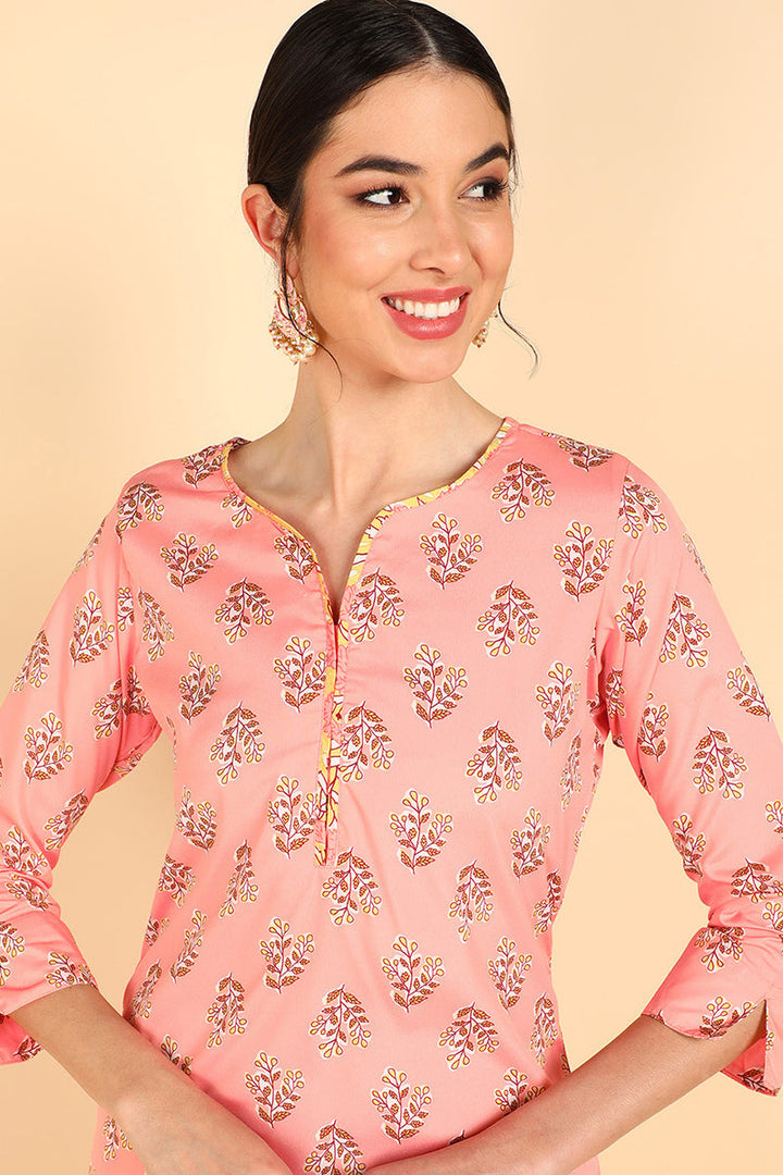 Peach Polyester Ethnic Motifs Straight Suit Set | SHOBITAM