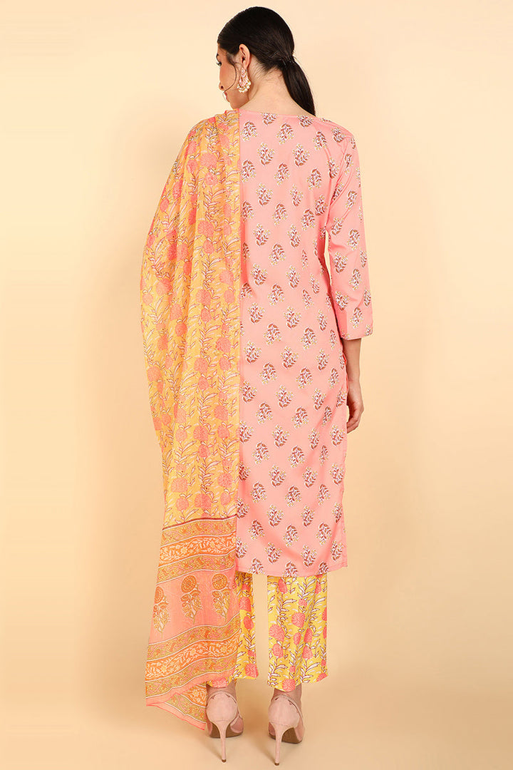 Peach Polyester Ethnic Motifs Straight Suit Set | SHOBITAM