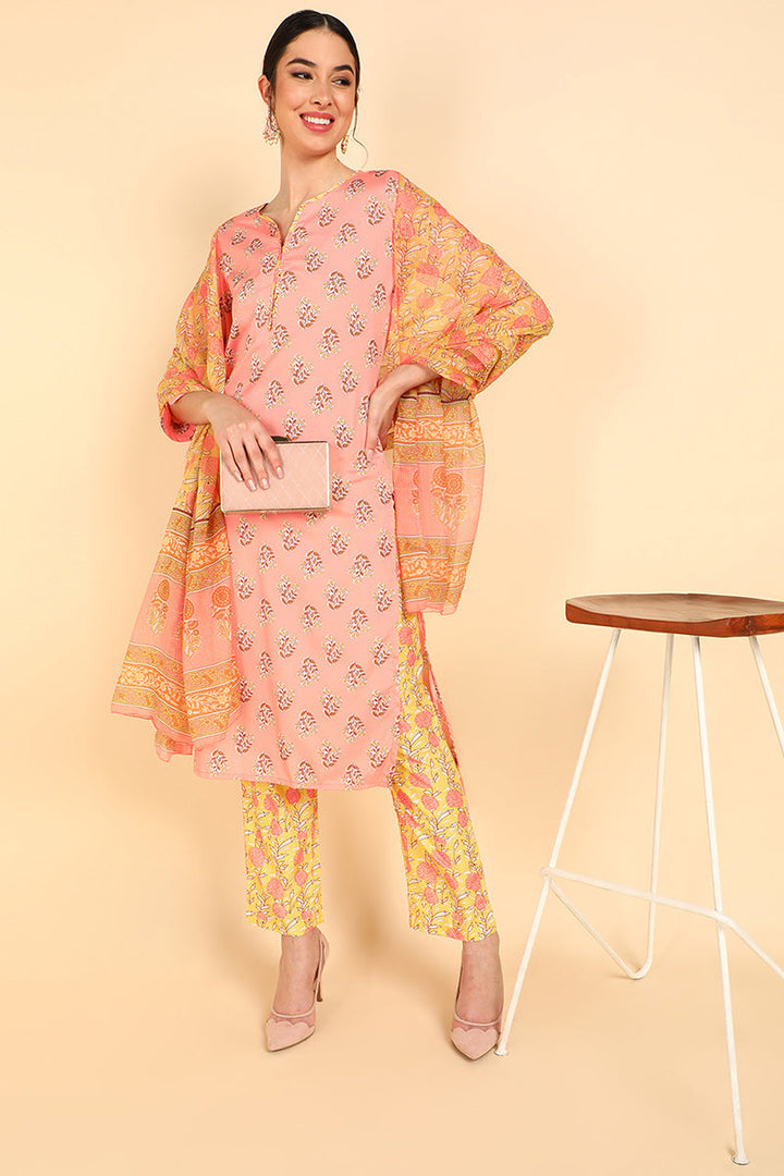 Peach Polyester Ethnic Motifs Straight Suit Set | SHOBITAM