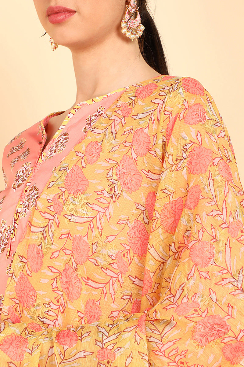 Peach Polyester Ethnic Motifs Straight Suit Set | SHOBITAM