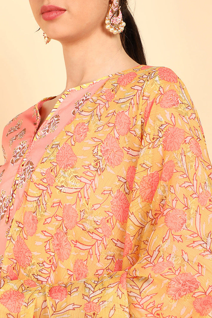 Peach Polyester Ethnic Motifs Straight Suit Set | SHOBITAM