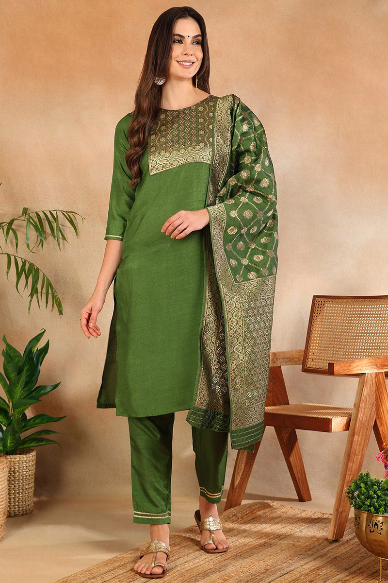 Green Poly Silk Solid Straight Suit Set | SHOBITAM
