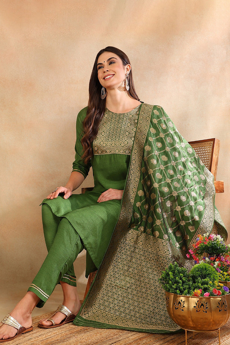 Green Poly Silk Solid Straight Suit Set | SHOBITAM