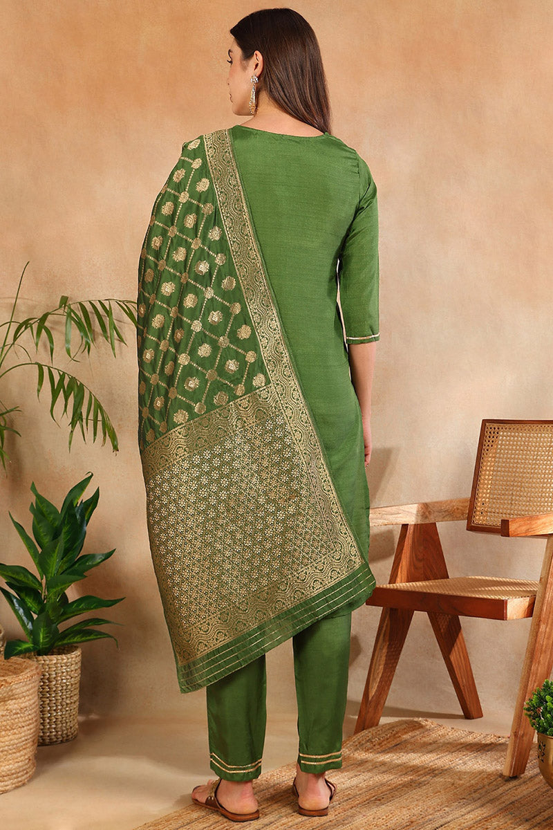 Green Poly Silk Solid Straight Suit Set | SHOBITAM