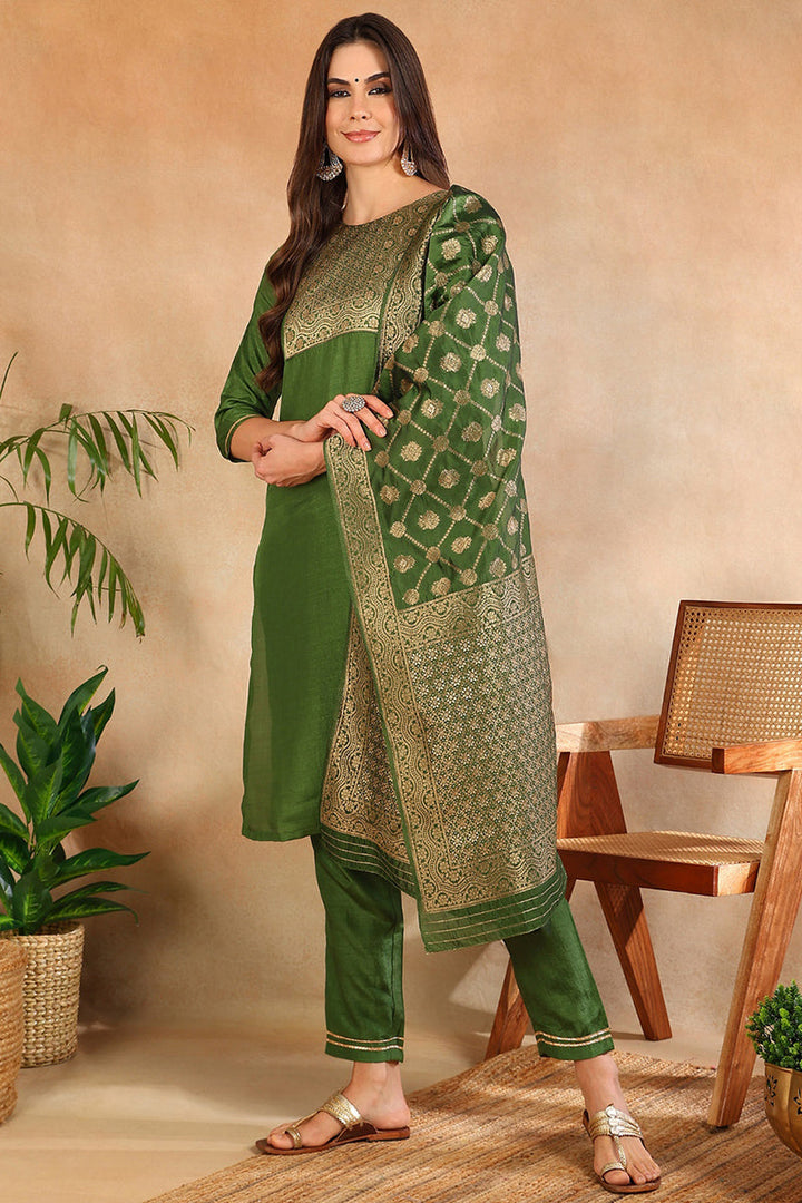 Green Poly Silk Solid Straight Suit Set | SHOBITAM