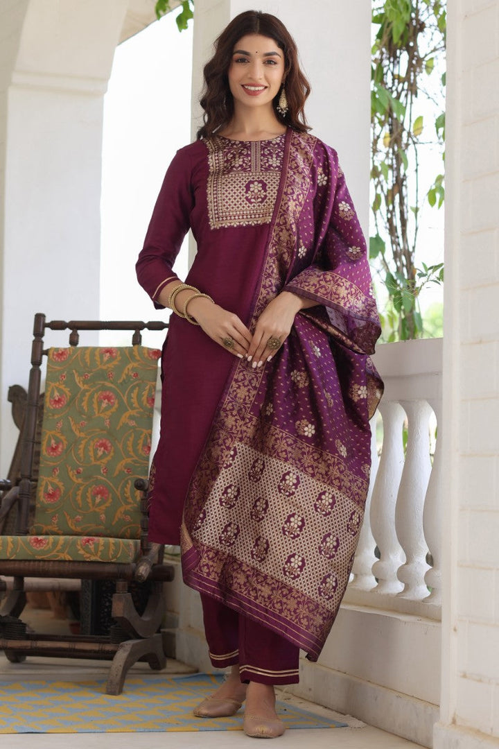 Burgundy Poly Silk Solid Straight Suit Set | SHOBITAM