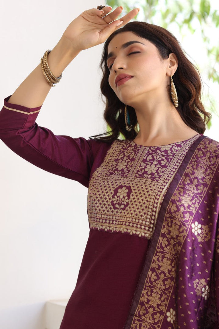 Burgundy Poly Silk Solid Straight Suit Set | SHOBITAM