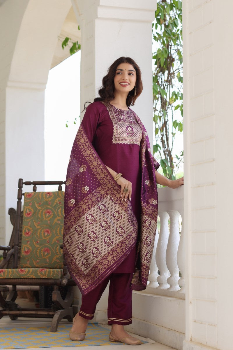 Burgundy Poly Silk Solid Straight Suit Set | SHOBITAM