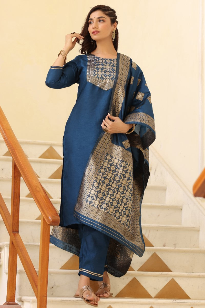 Blue Poly Silk Solid Straight Suit Set | SHOBITAM