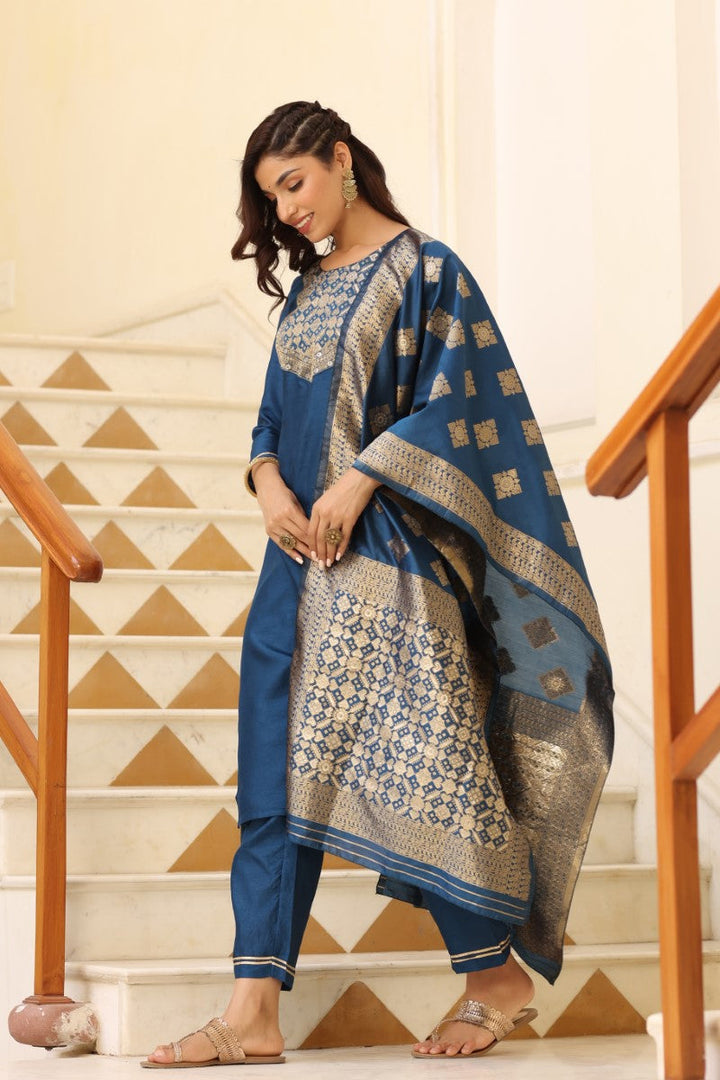 Blue Poly Silk Solid Straight Suit Set | SHOBITAM