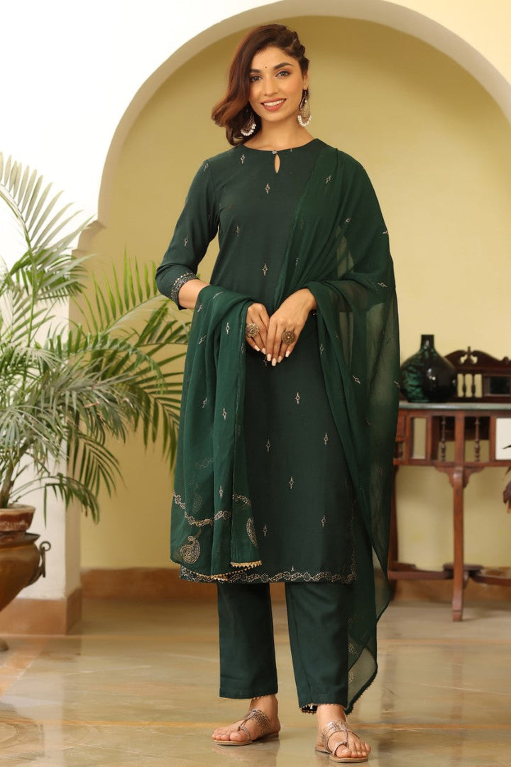 Green Poly Silk Straight Suit Set | SHOBITAM