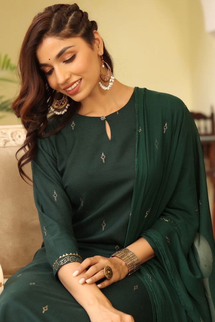 Green Poly Silk Straight Suit Set | SHOBITAM