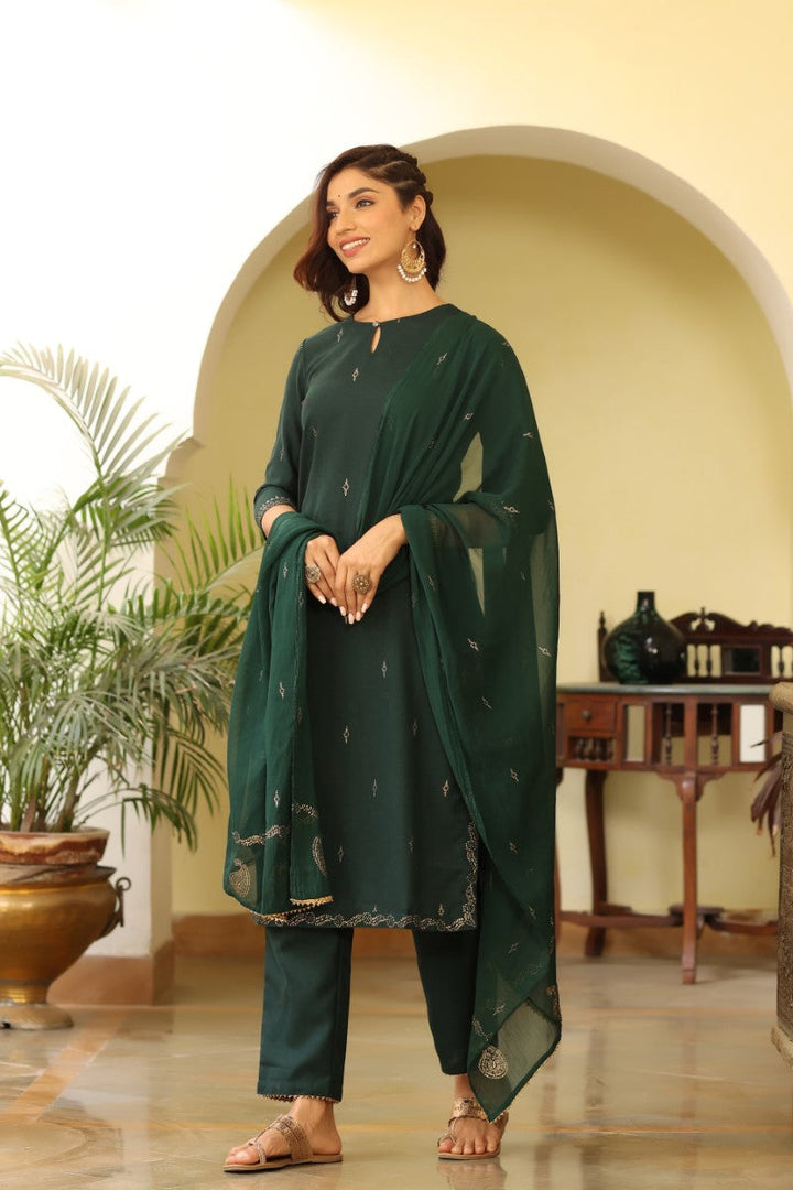 Green Poly Silk Straight Suit Set | SHOBITAM