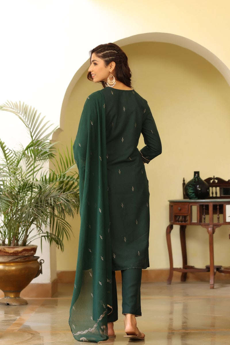 Green Poly Silk Straight Suit Set | SHOBITAM