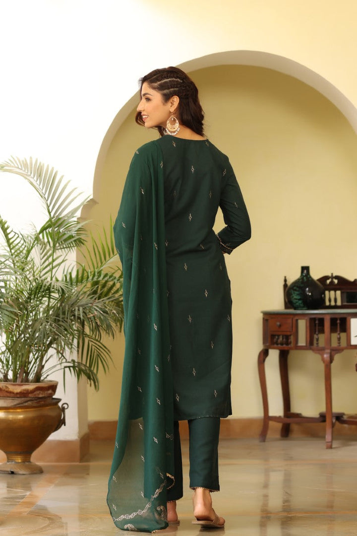 Green Poly Silk Straight Suit Set | SHOBITAM