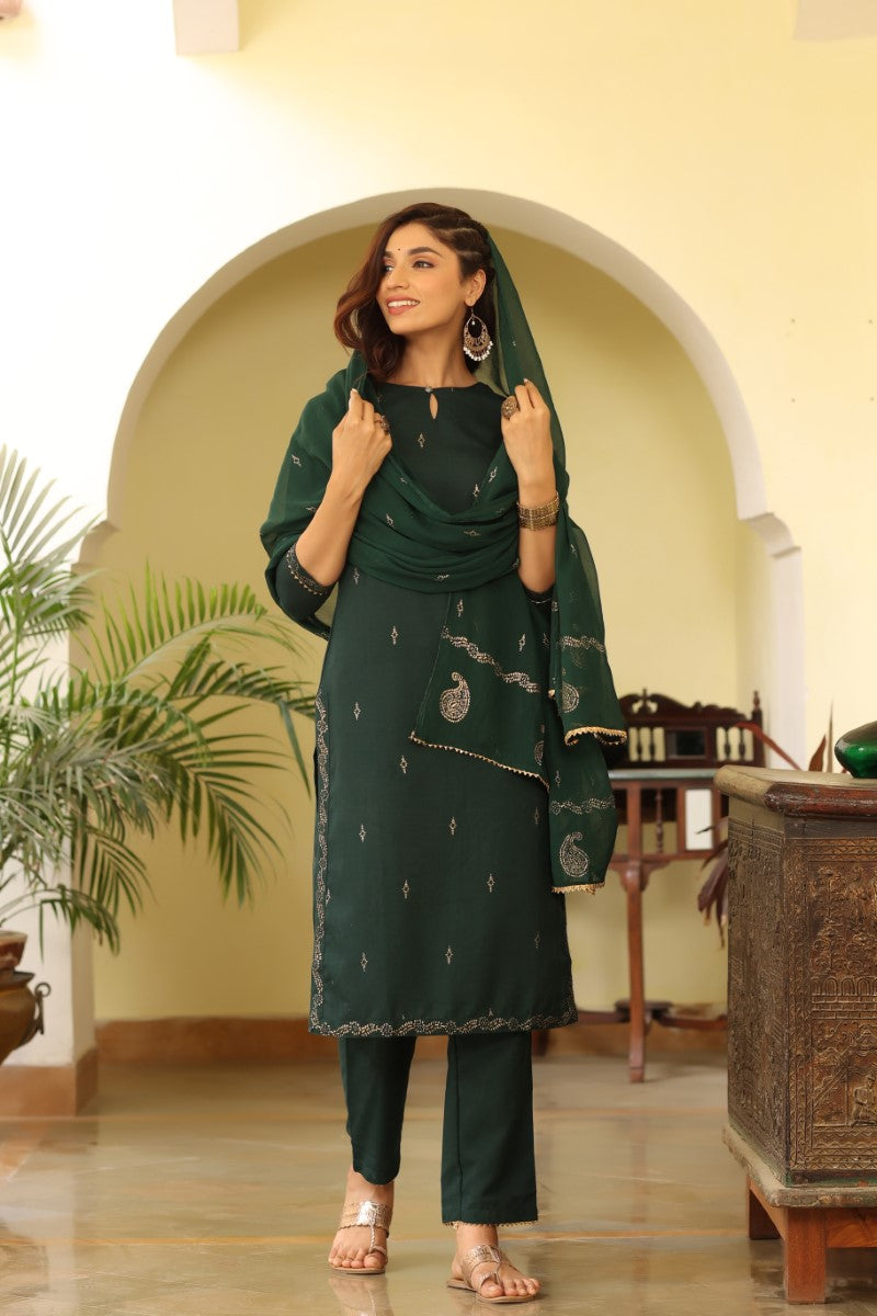 Green Poly Silk Straight Suit Set | SHOBITAM