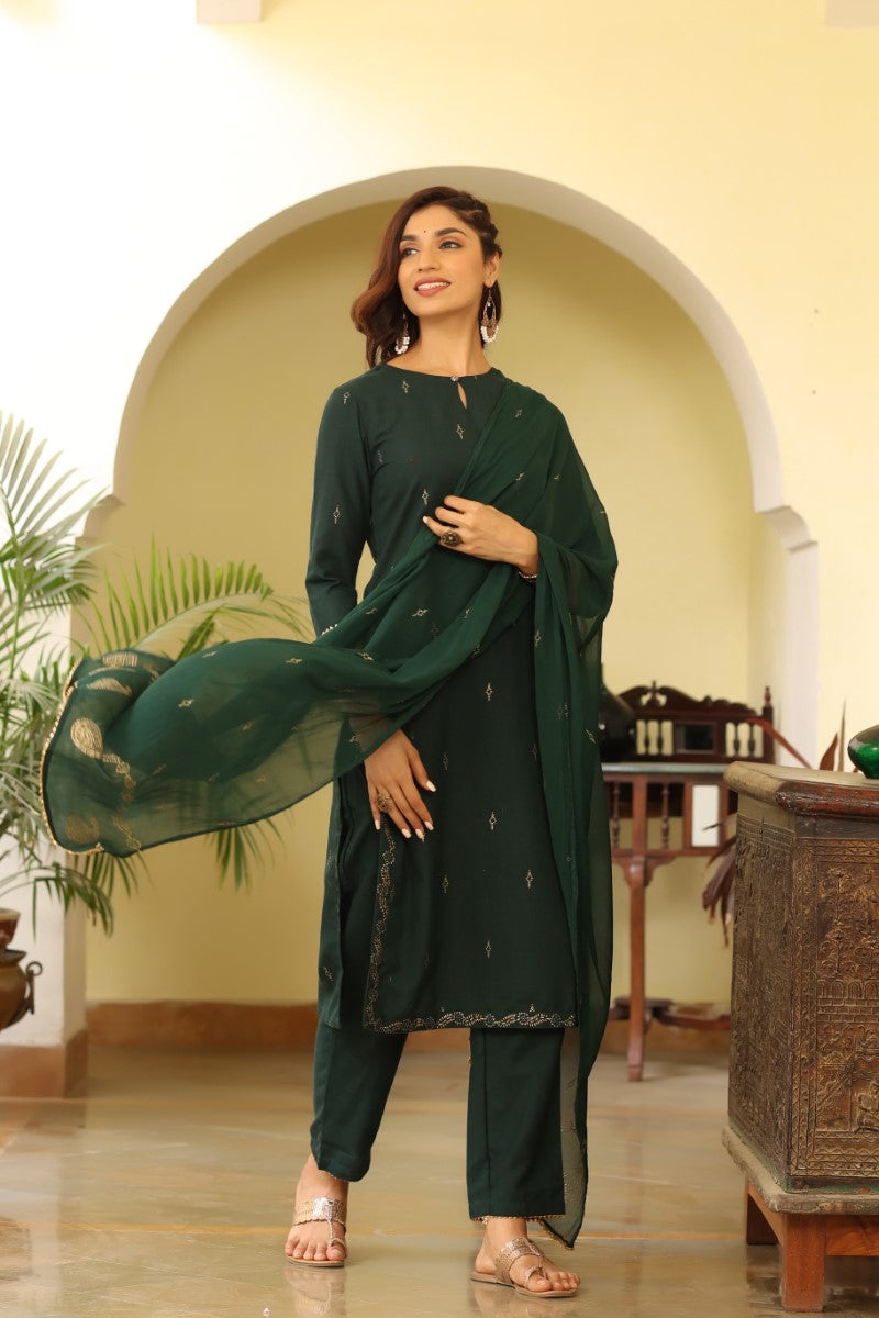 Green Poly Silk Straight Suit Set | SHOBITAM
