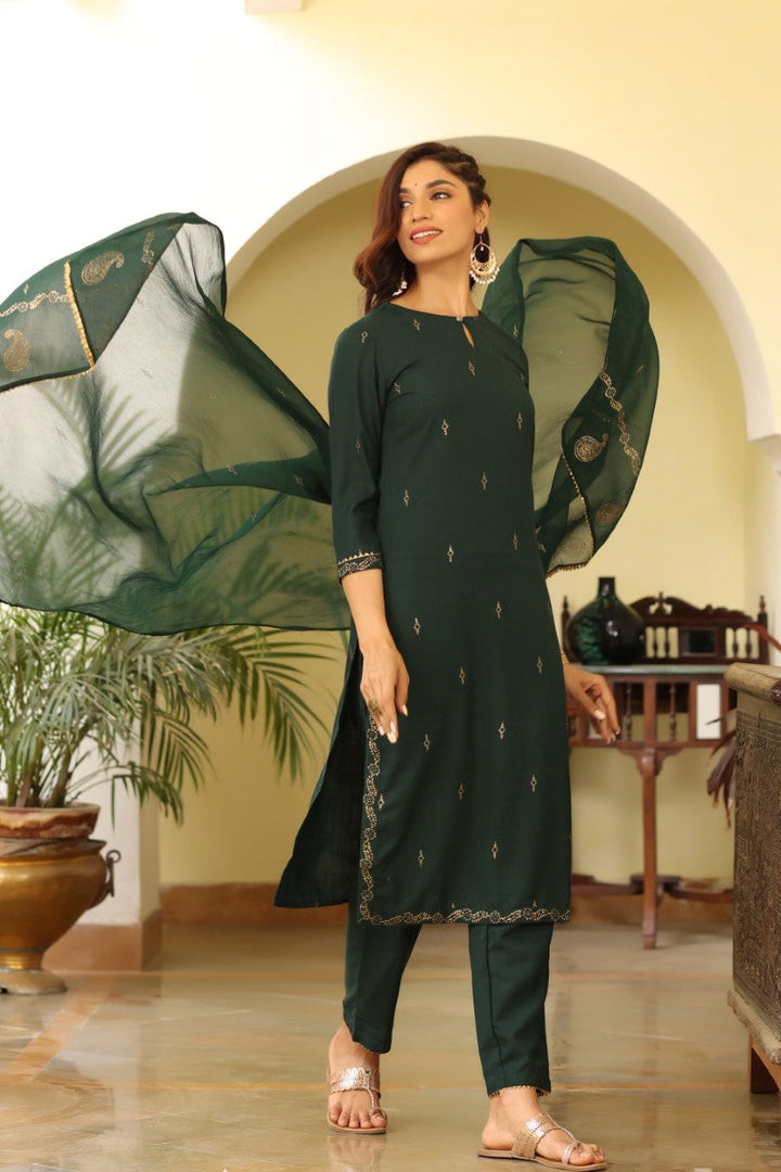 Green Poly Silk Straight Suit Set | SHOBITAM