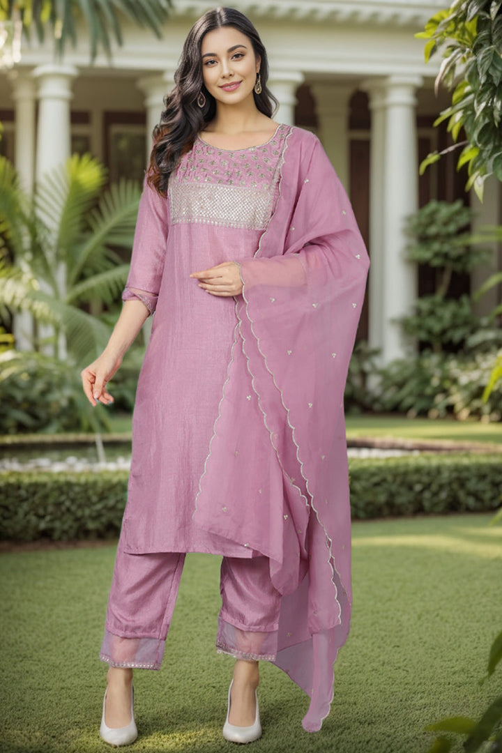 Mauve Poly Silk Solid Sequin Straight Suit Set | SHOBITAM