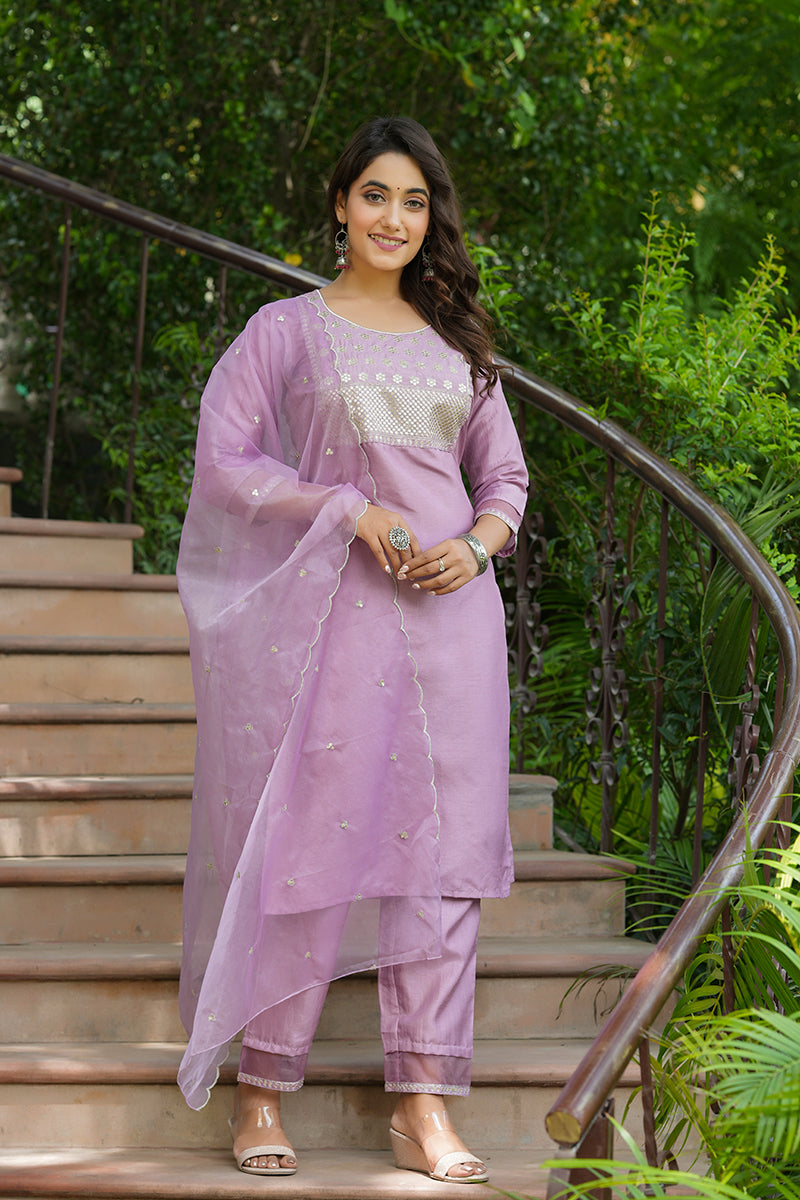 Mauve Poly Silk Solid Sequin Straight Suit Set | SHOBITAM