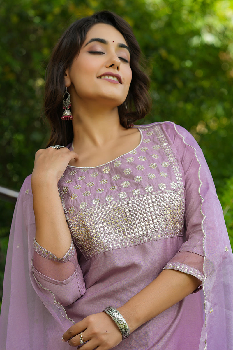 Mauve Poly Silk Solid Sequin Straight Suit Set | SHOBITAM