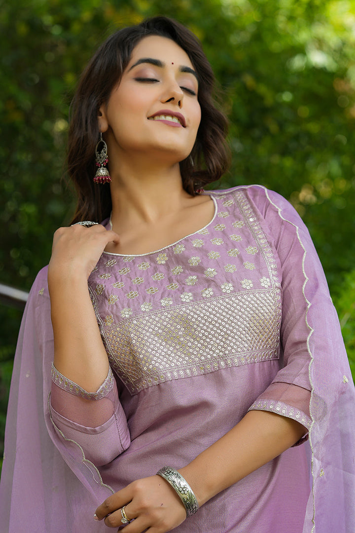 Mauve Poly Silk Solid Sequin Straight Suit Set | SHOBITAM