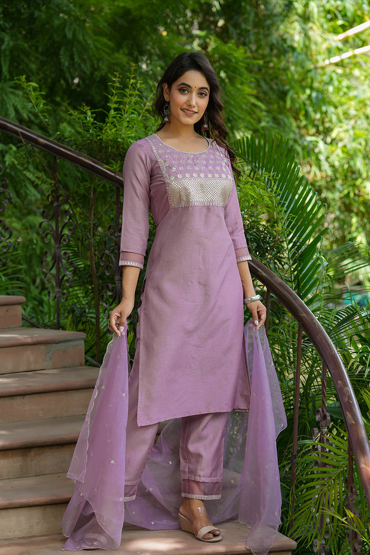 Mauve Poly Silk Solid Sequin Straight Suit Set | SHOBITAM