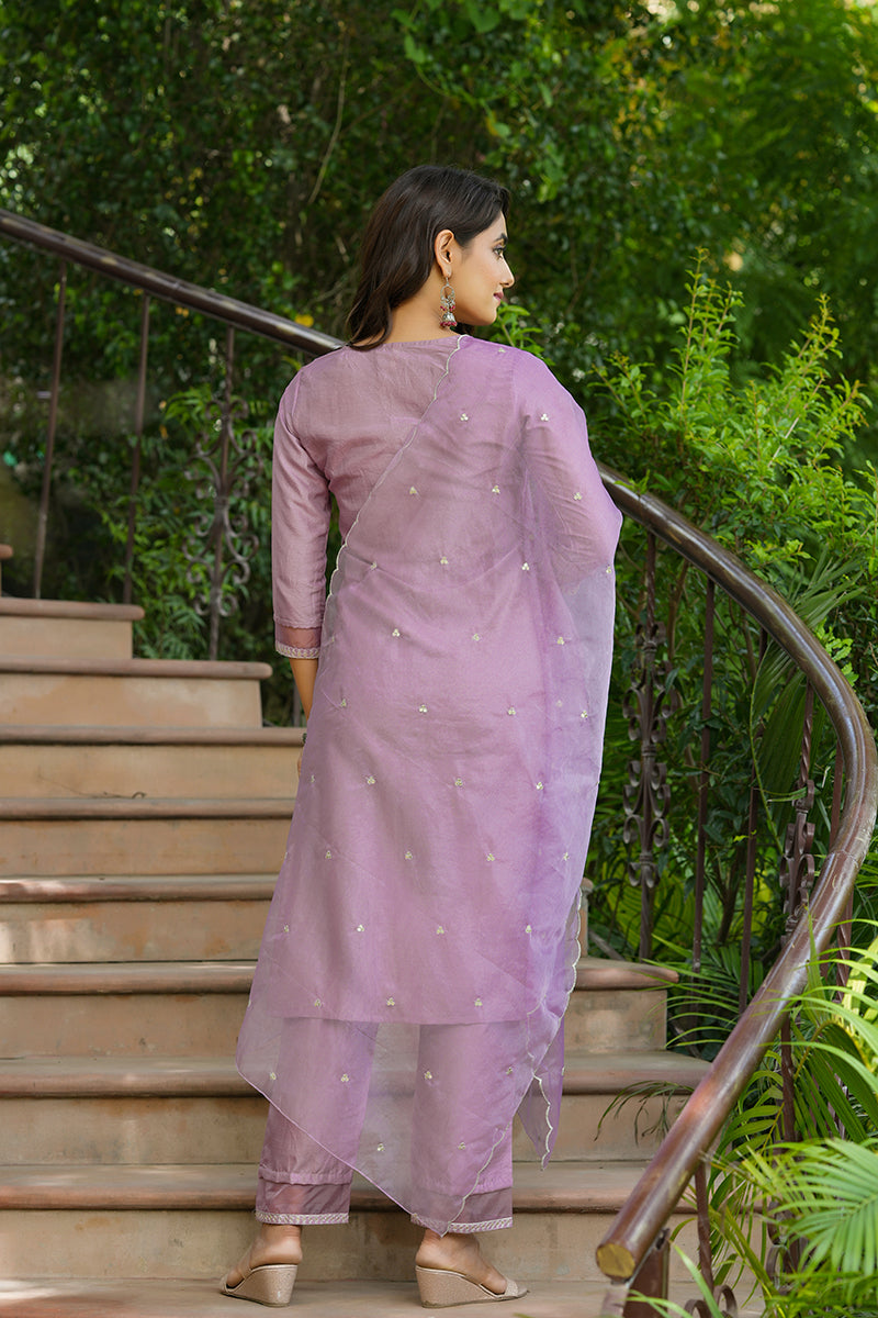 Mauve Poly Silk Solid Sequin Straight Suit Set | SHOBITAM
