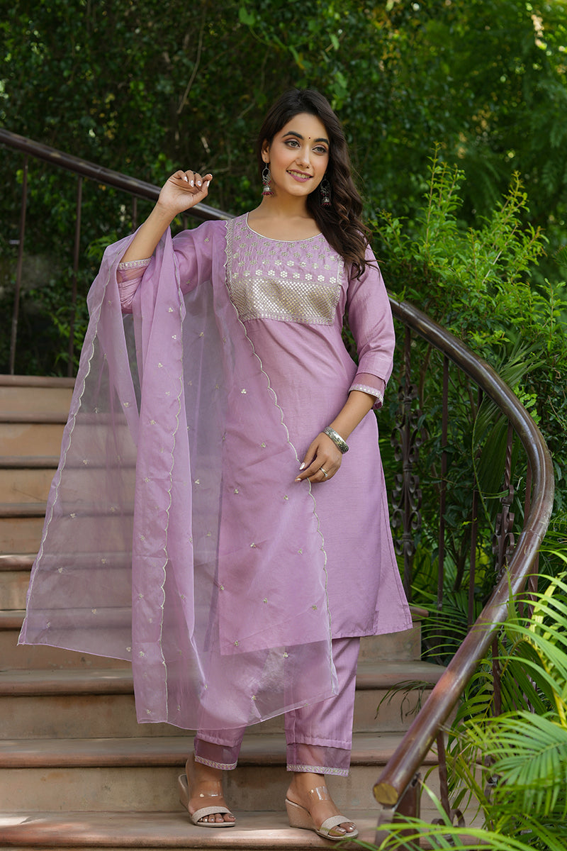 Mauve Poly Silk Solid Sequin Straight Suit Set | SHOBITAM