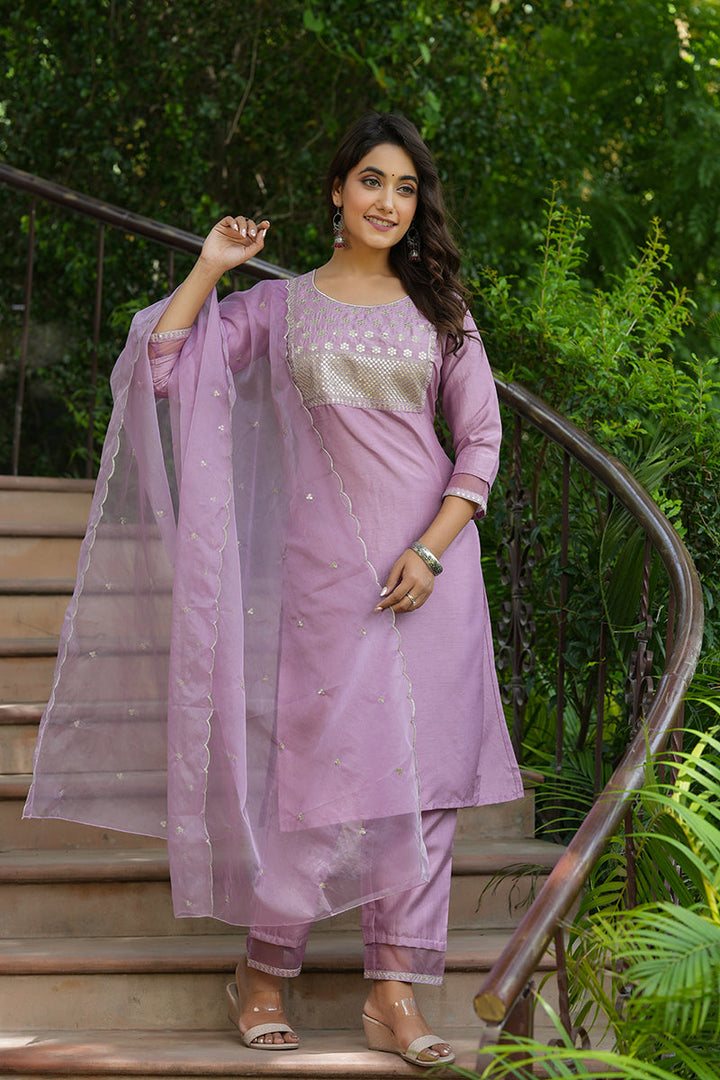 Mauve Poly Silk Solid Sequin Straight Suit Set | SHOBITAM