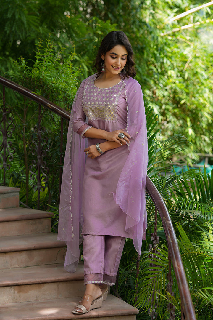 Mauve Poly Silk Solid Sequin Straight Suit Set | SHOBITAM