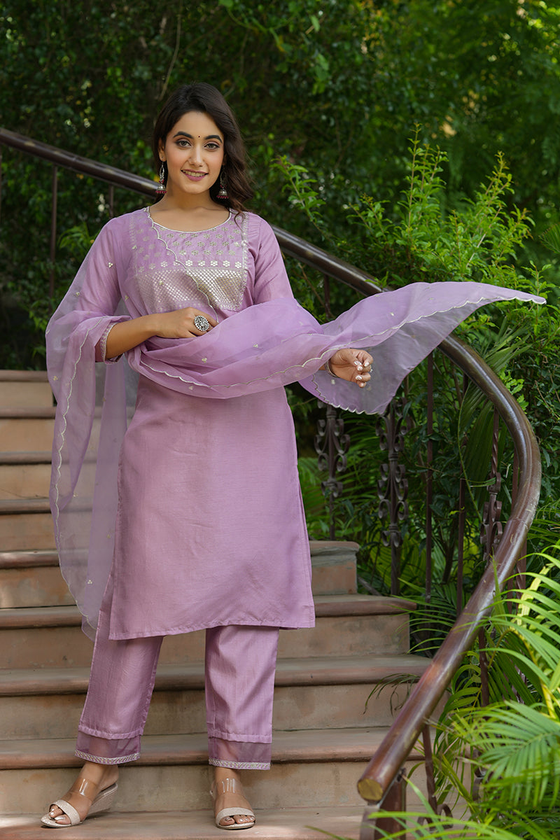 Mauve Poly Silk Solid Sequin Straight Suit Set | SHOBITAM