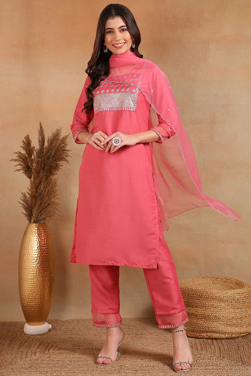 Pink Poly Silk Solid Sequin Straight Suit Set | SHOBITAM