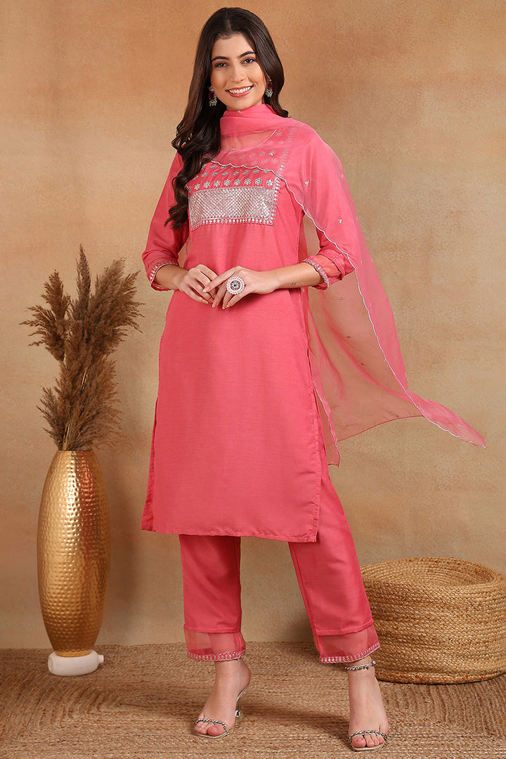 Pink Poly Silk Solid Sequin Straight Suit Set | SHOBITAM