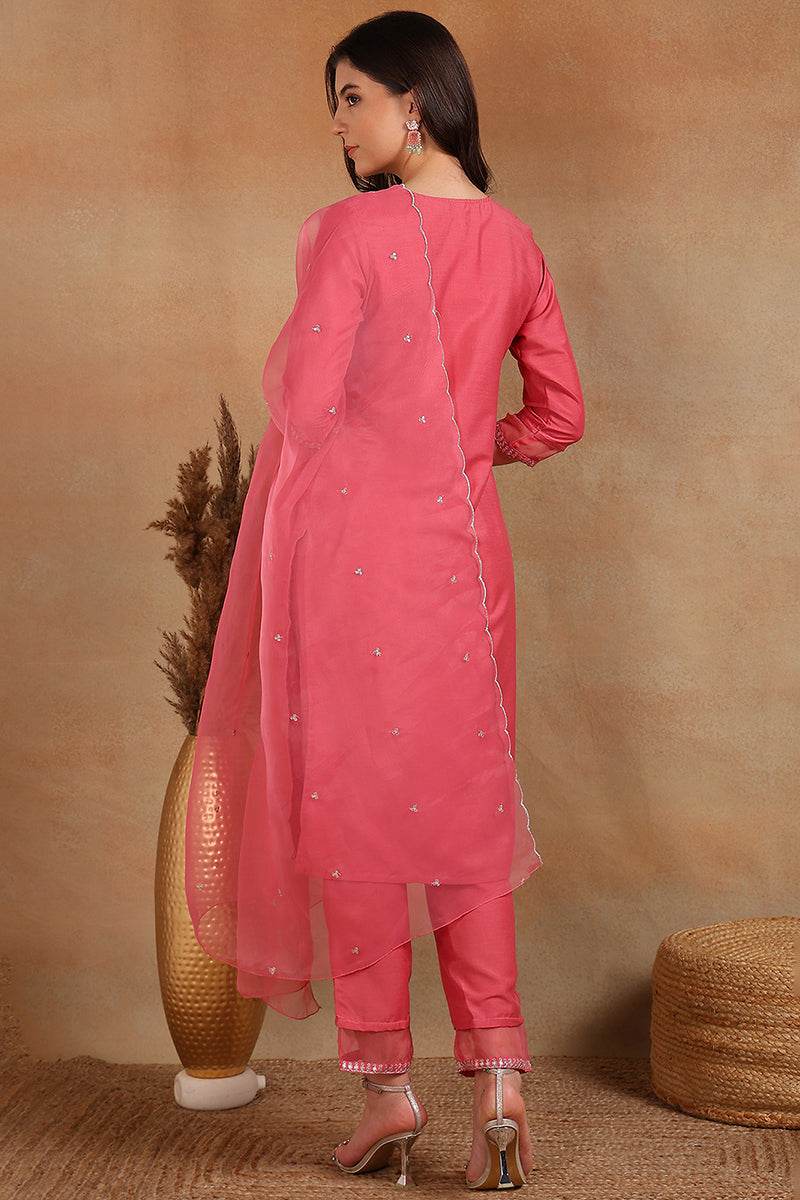 Pink Poly Silk Solid Sequin Straight Suit Set | SHOBITAM