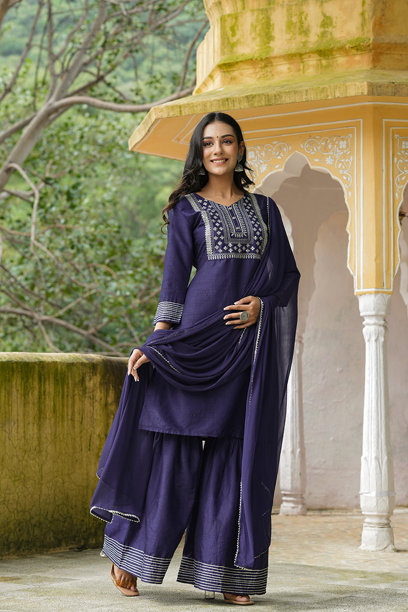 Navy Blue Poly Silk Straight Sharara Suit Set | SHOBITAM