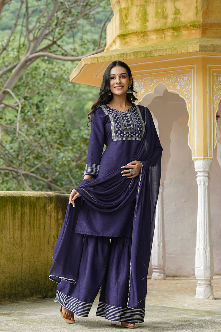Navy Blue Poly Silk Straight Sharara Suit Set | SHOBITAM