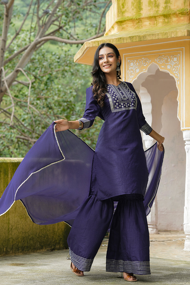 Navy Blue Poly Silk Straight Sharara Suit Set | SHOBITAM