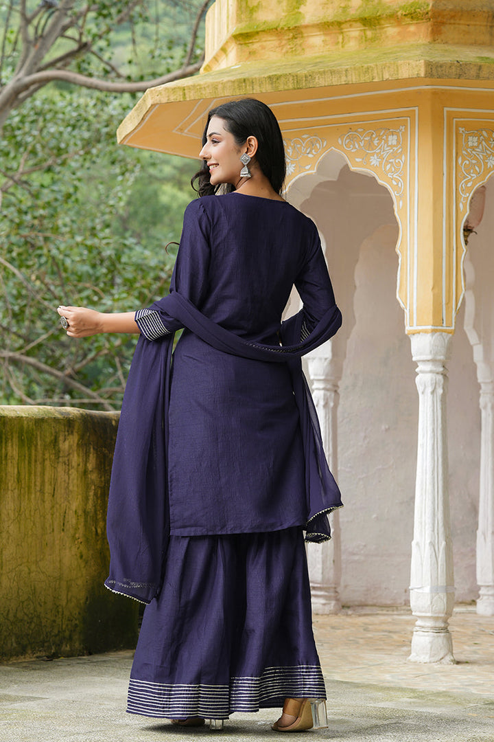 Navy Blue Poly Silk Straight Sharara Suit Set | SHOBITAM
