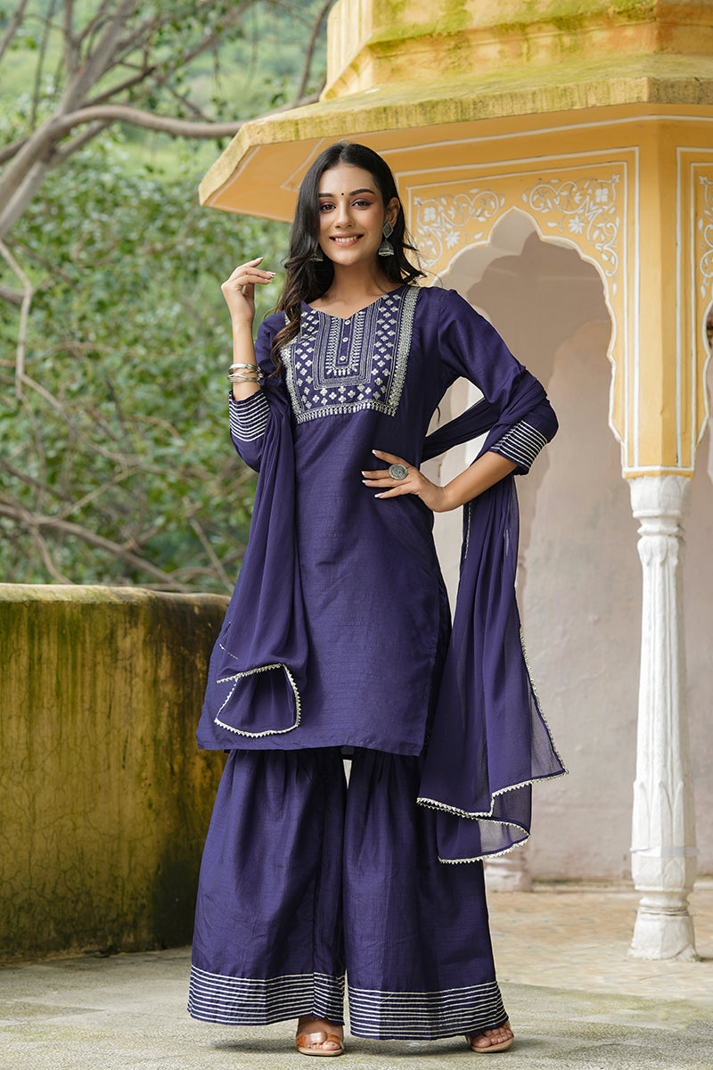 Navy Blue Poly Silk Straight Sharara Suit Set | SHOBITAM