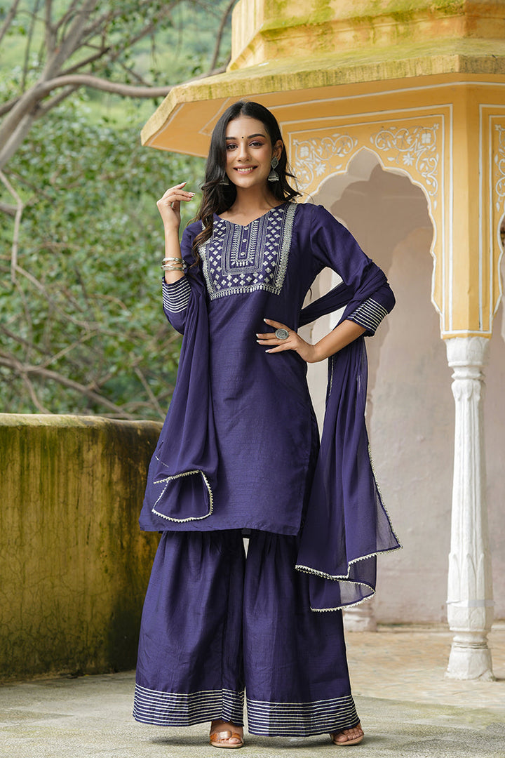 Navy Blue Poly Silk Straight Sharara Suit Set | SHOBITAM
