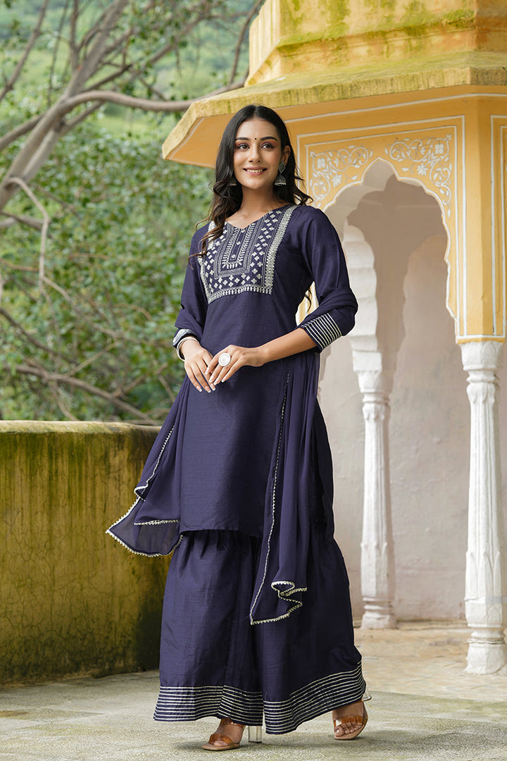 Navy Blue Poly Silk Straight Sharara Suit Set | SHOBITAM