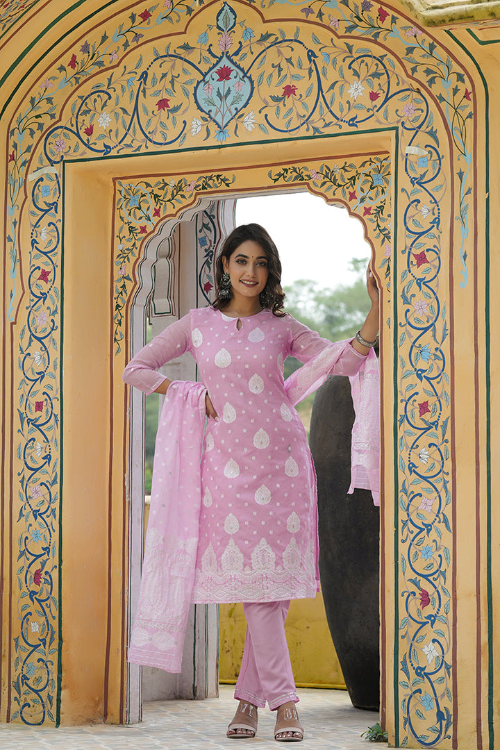 Pink Poly Chanderi Ethnic Motifs Straight Suit Set | SHOBITAM
