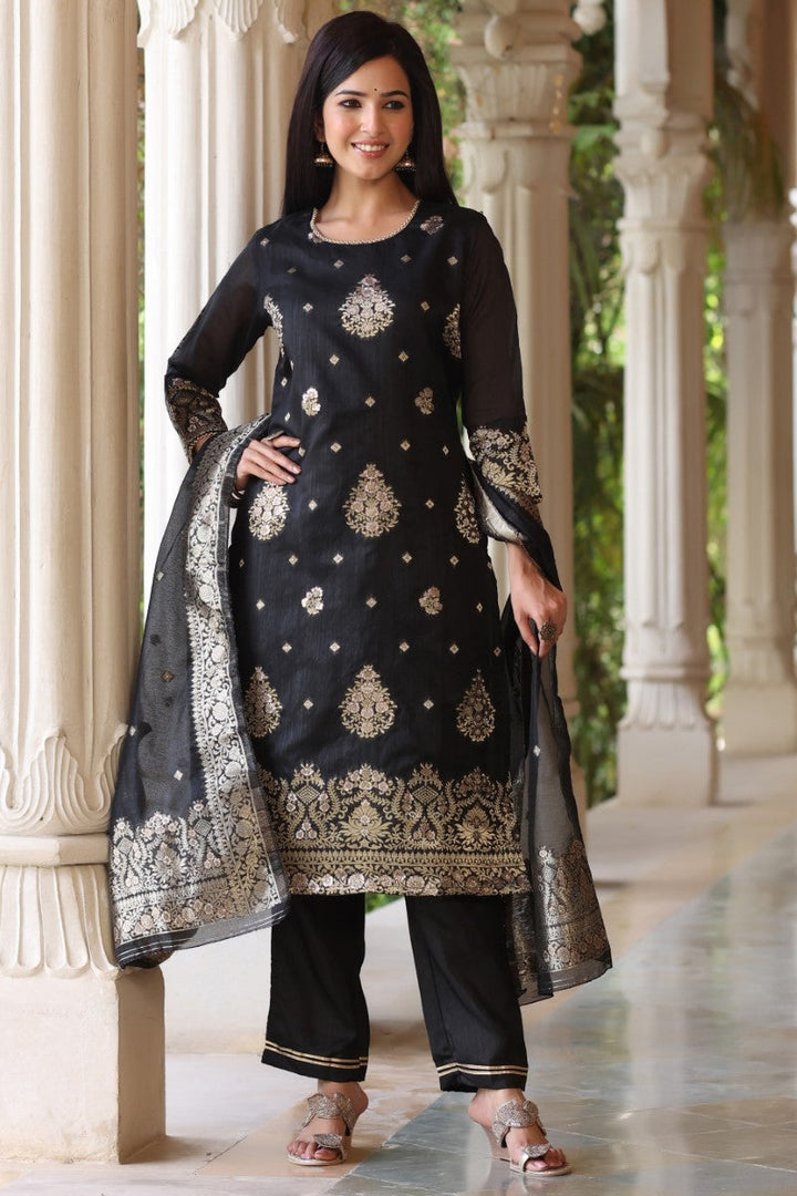 Black Poly Chanderi Ethnic Motifs Straight Suit Set  | SHOBITAM