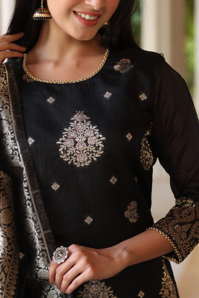 Black Poly Chanderi Ethnic Motifs Straight Suit Set  | SHOBITAM
