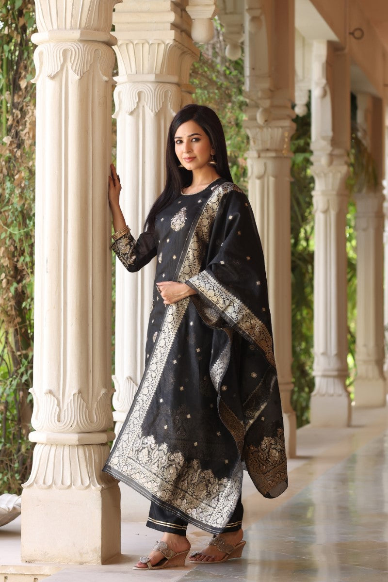 Black Poly Chanderi Ethnic Motifs Straight Suit Set  | SHOBITAM