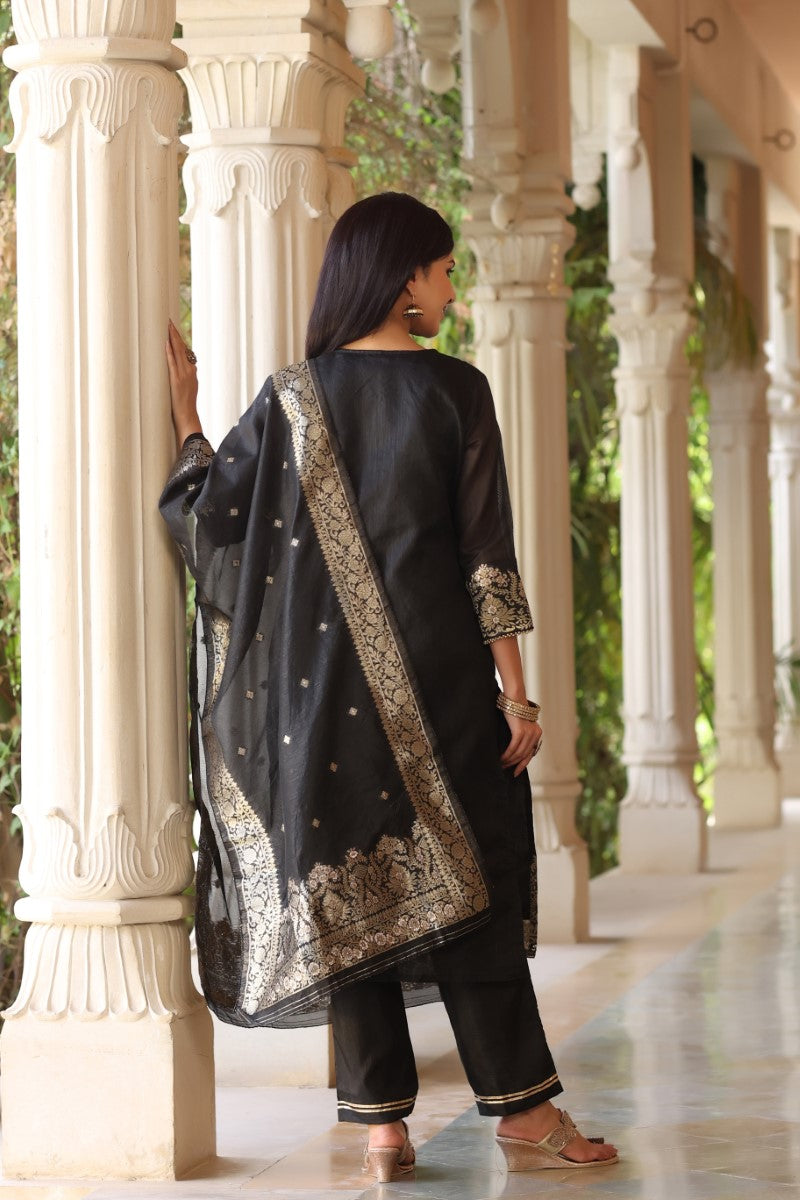 Black Poly Chanderi Ethnic Motifs Straight Suit Set  | SHOBITAM